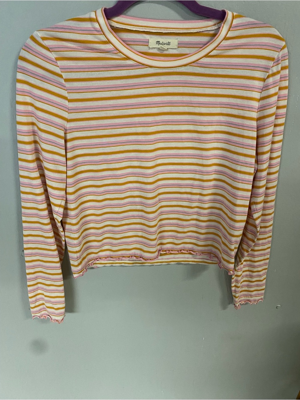 Madewell Pastel Pink and Yellow Striped Long-Sleeve Crop Top